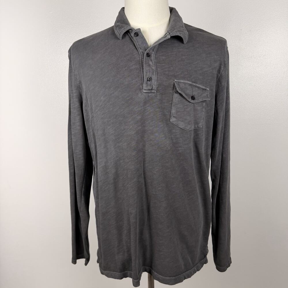 Marine Layer Mens Long Sleeve Polo Shirt Gray Slub Knit Pocket M/L Utility